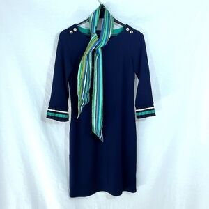 Talbots Navy Pleated Hem Sheath Dress & Scarf